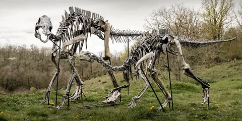 Squelettes de dinosaures en métal dans un paysage herbeux.