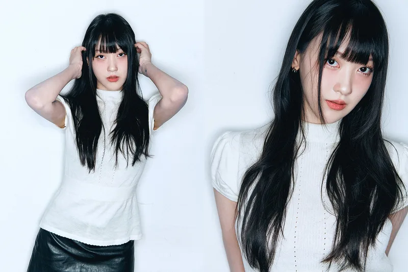 Deux photos d'une femme avec des cheveux longs et un haut blanc.