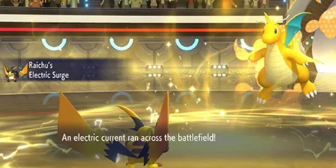 Combat Pokémon avec Pikachu et Dragonite sur le terrain électrifié.