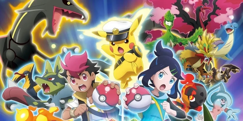 Personnages de dessin animé avec créatures fantastiques et Pikachu au centre.