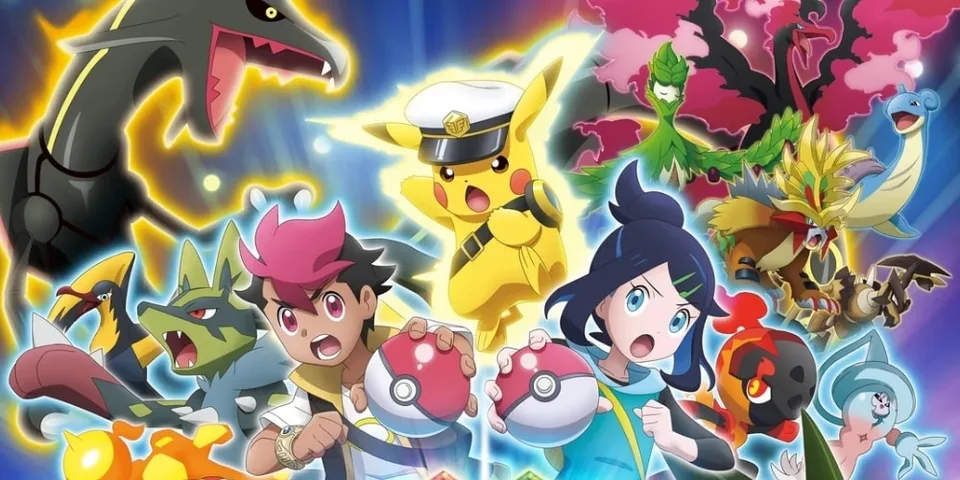 Personnages de dessin animé avec créatures fantastiques et Pikachu au centre.
