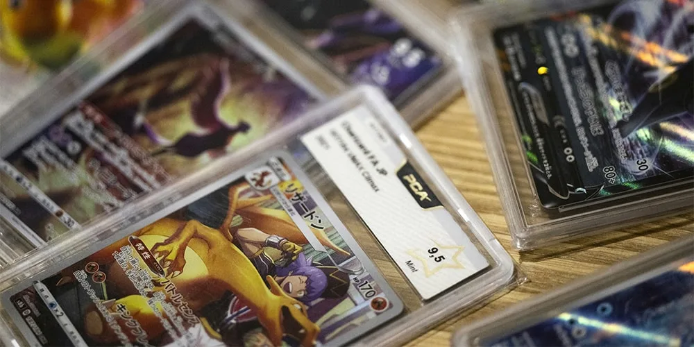Cartes à collectionner Pokémon protégées, avec une carte ciblée notée 9,5.