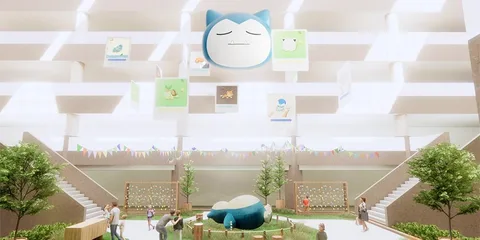 Espace ouvert avec décoration colorée et personnages animés en lévitation.