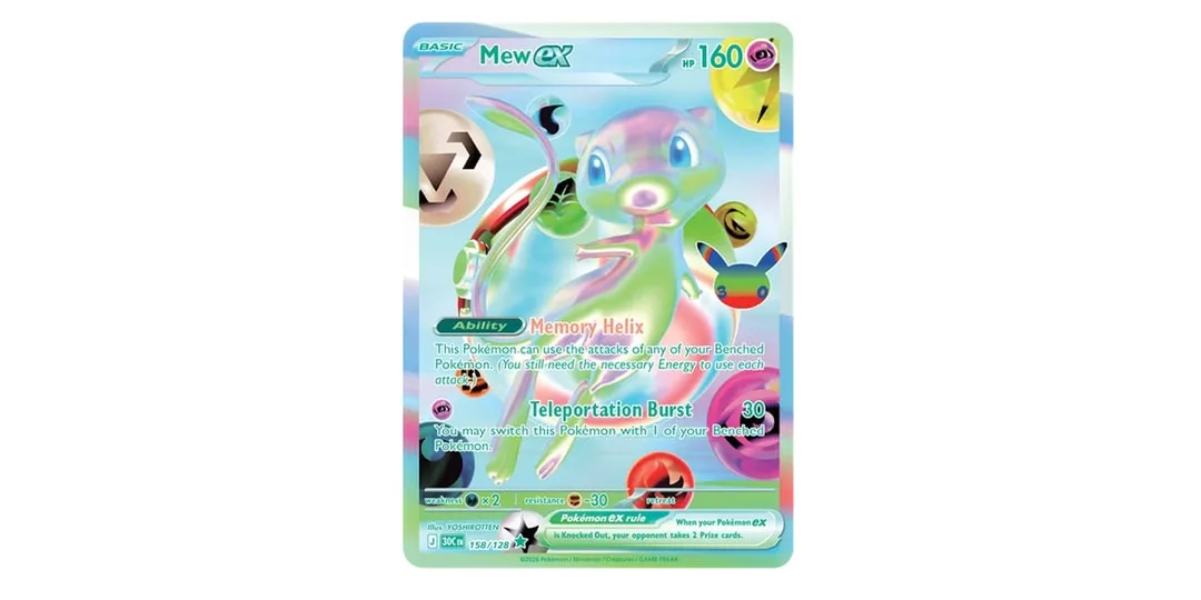 Carte Pokémon Mew ex avec détails et capacités.