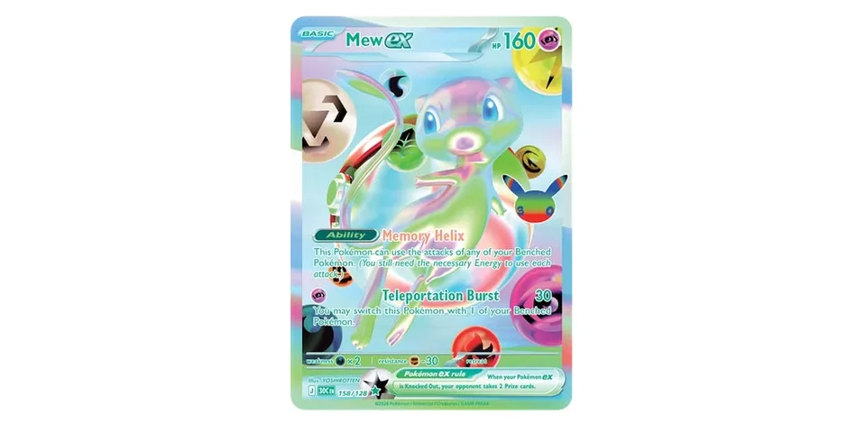 Carte Pokémon Mew ex avec détails et capacités.