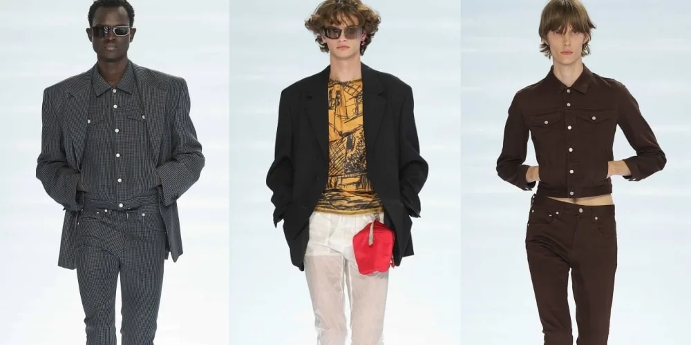 Trois mannequins en tenues de mode élégantes sur un fond clair.