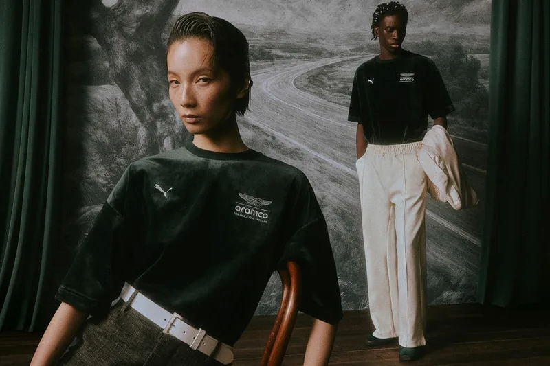 Deux mannequins posant avec des vêtements de mode dans un décor artistique.