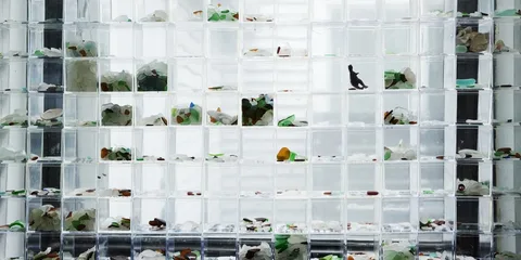 Mur de cubes transparents contenant des morceaux de verre colorés et un oiseau.