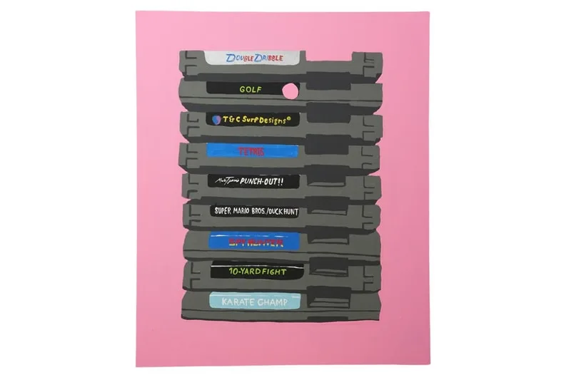 Dessins de cartouches de jeux rétro empilées sur fond rose.