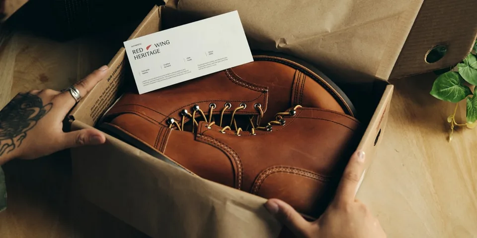 Persona ouvrant une boîte de chaussures avec des bottes en cuir marron.
