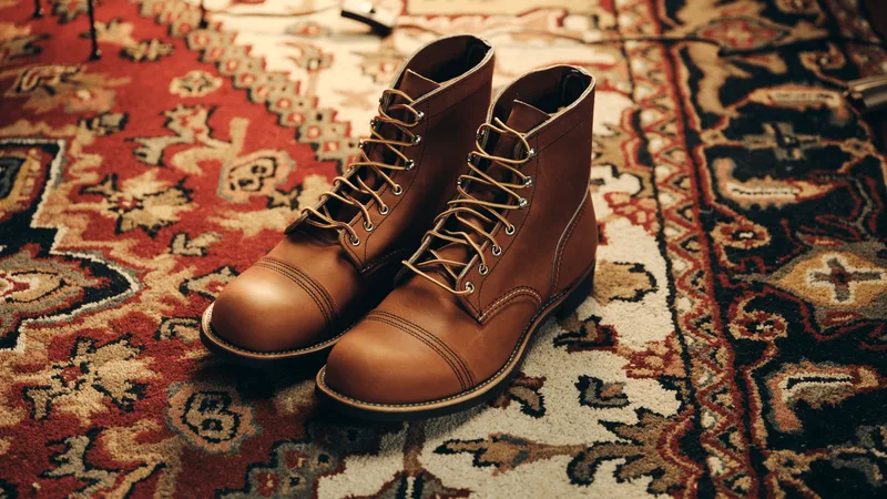 Paire de bottes en cuir marron sur un tapis à motifs colorés.