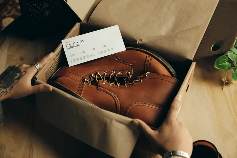Personne déballant des bottes marron dans une boîte en carton.