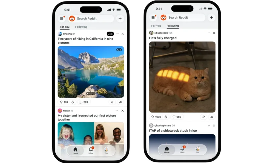 Deux smartphones affichent un fil Reddit avec des photos de montagne et d’un chat roux.