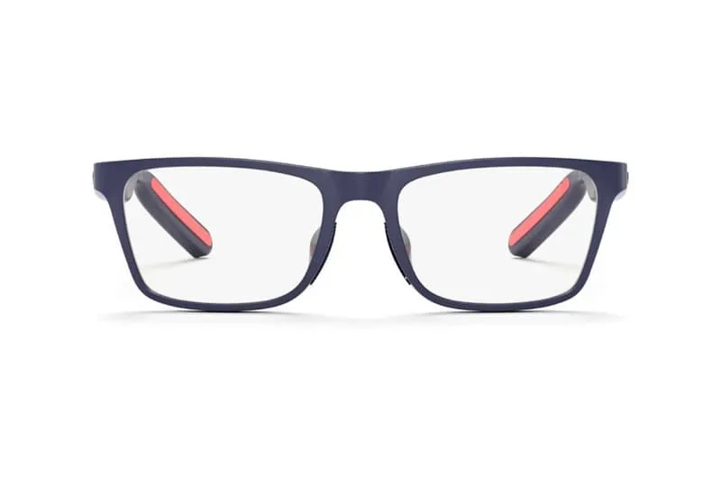 Lunettes bleues à branches rouges, vue de face.