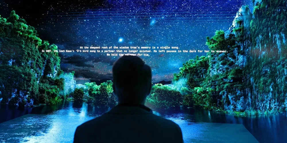 Personne regardant un paysage numérique onirique avec texte flottant.