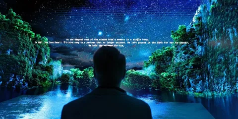 Personne regardant un paysage numérique onirique avec texte flottant.