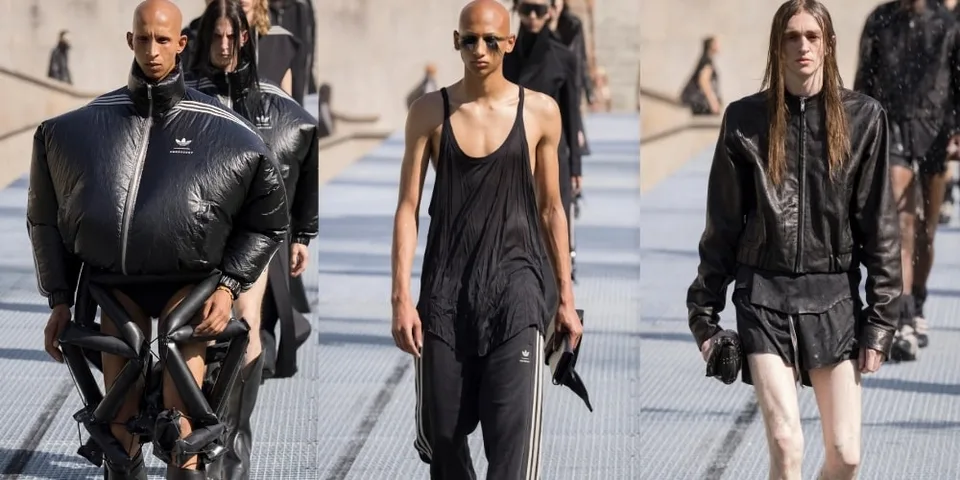 Défilé de mode avec vêtements sombres et modernes, style unique.