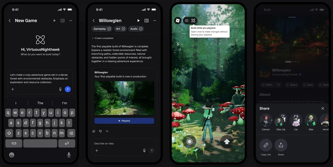 Application de jeu immersive affichée sur quatre écrans de smartphone.