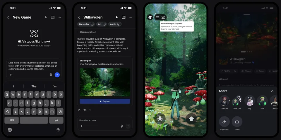 Application de jeu immersive affichée sur quatre écrans de smartphone.
