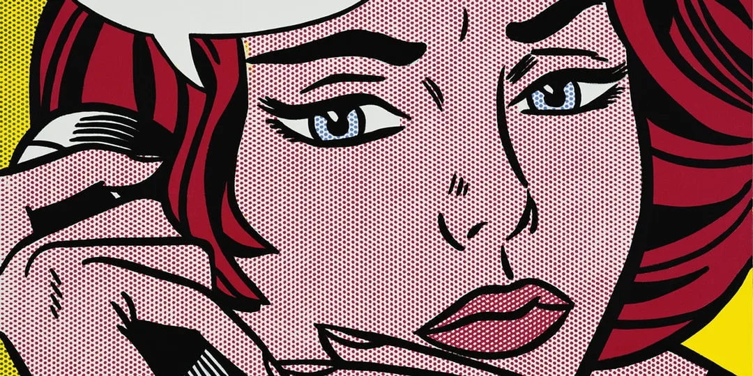 Dessin de style pop art avec une femme rouge aux yeux bleus.