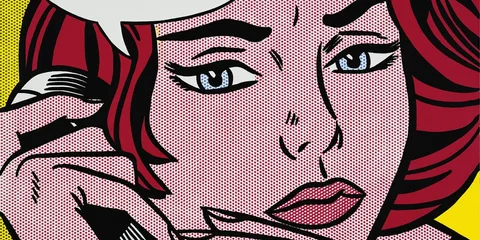 Dessin de style pop art avec une femme rouge aux yeux bleus.
