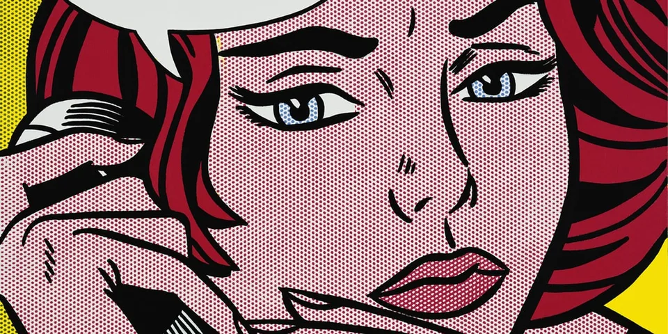 Dessin de style pop art avec une femme rouge aux yeux bleus.