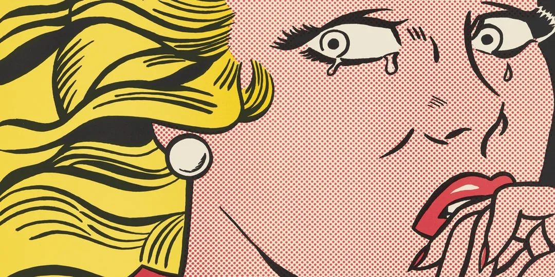 Pop art d'une femme pleurant avec des cheveux blonds et fond en points.