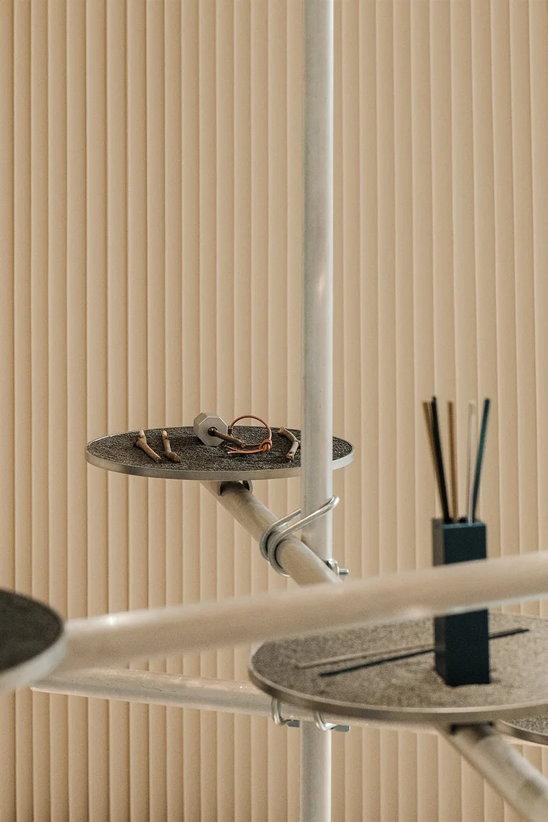 Objets sur étagères modernes avec diffuseur bâtonnets, arrière-plan beige.
