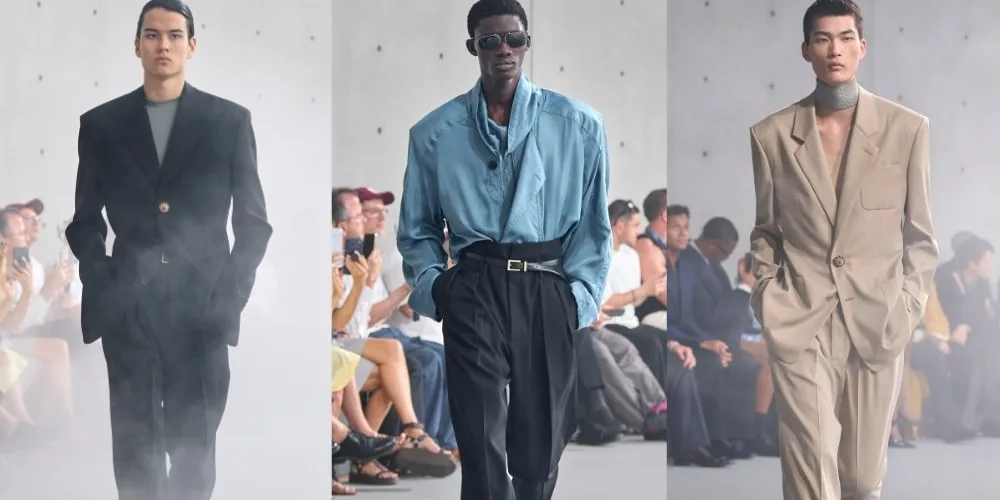 Défilé de mode avec trois mannequins portant des costumes élégants.