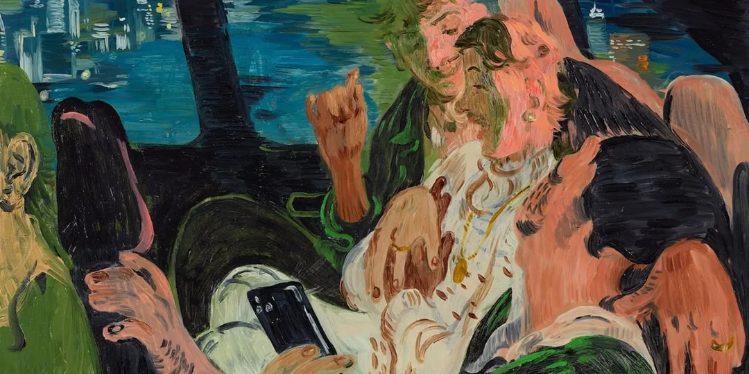 Peinture de plusieurs personnes discutant dans une voiture.