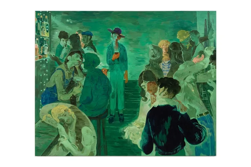 Peinture de personnes dans un bar, ambiance sombre et verte.