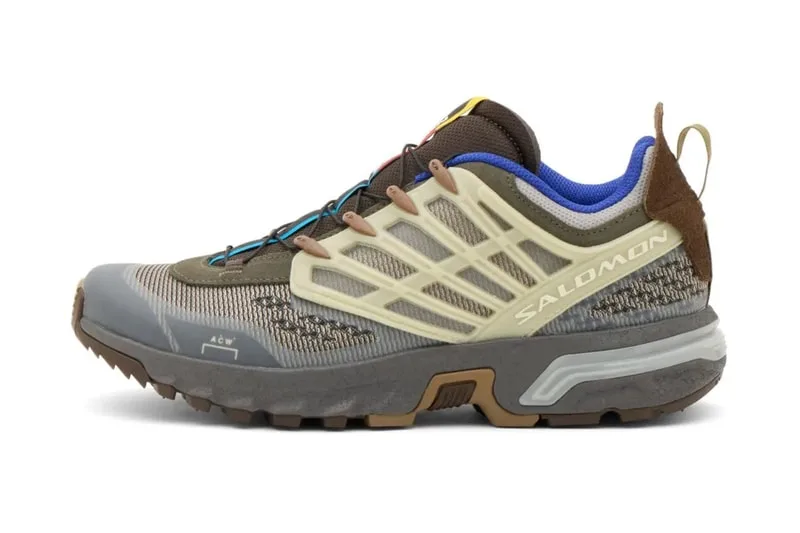 Chaussure de randonnée Salomon avec des tons neutres et des éléments colorés.