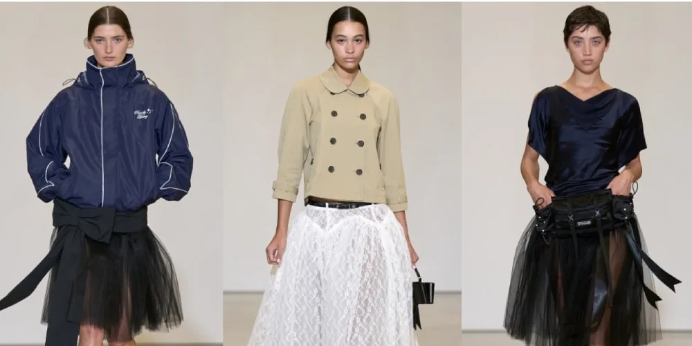 Trois mannequins avec vêtements de mode élégants, jupes en tulle et hauts variés.
