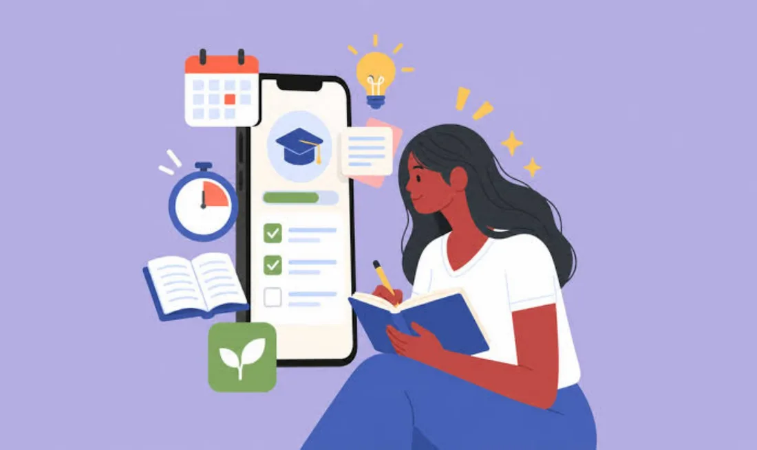 Femme étudiant avec des icônes d'application smartphone et d'éducation.
