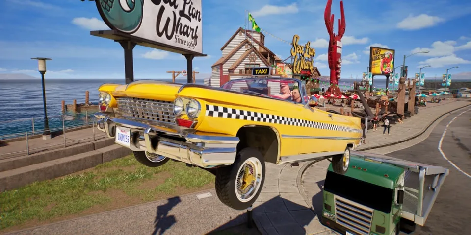 Voiture jaune en vol au-dessus d'un camion près de restaurants au bord de mer.