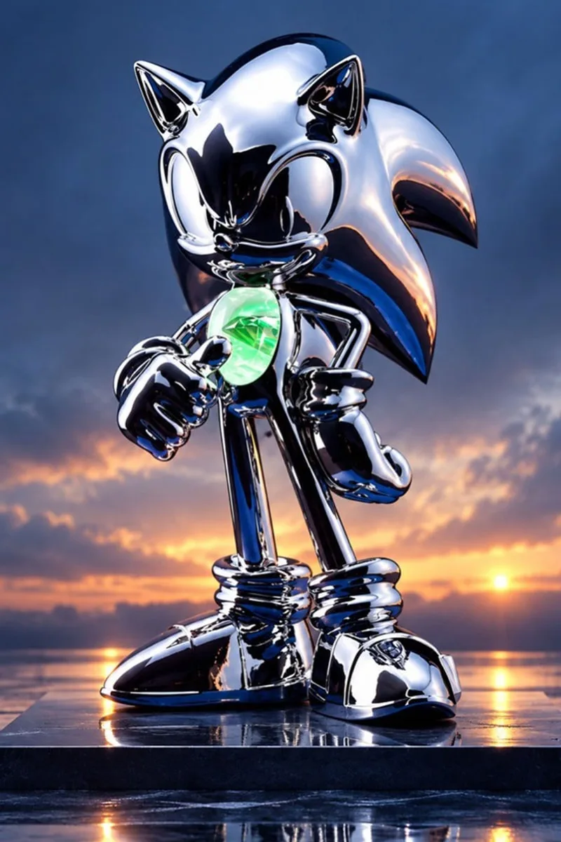 Sculpture brillante de Sonic avec un cristal, ciel dramatique en arrière-plan.