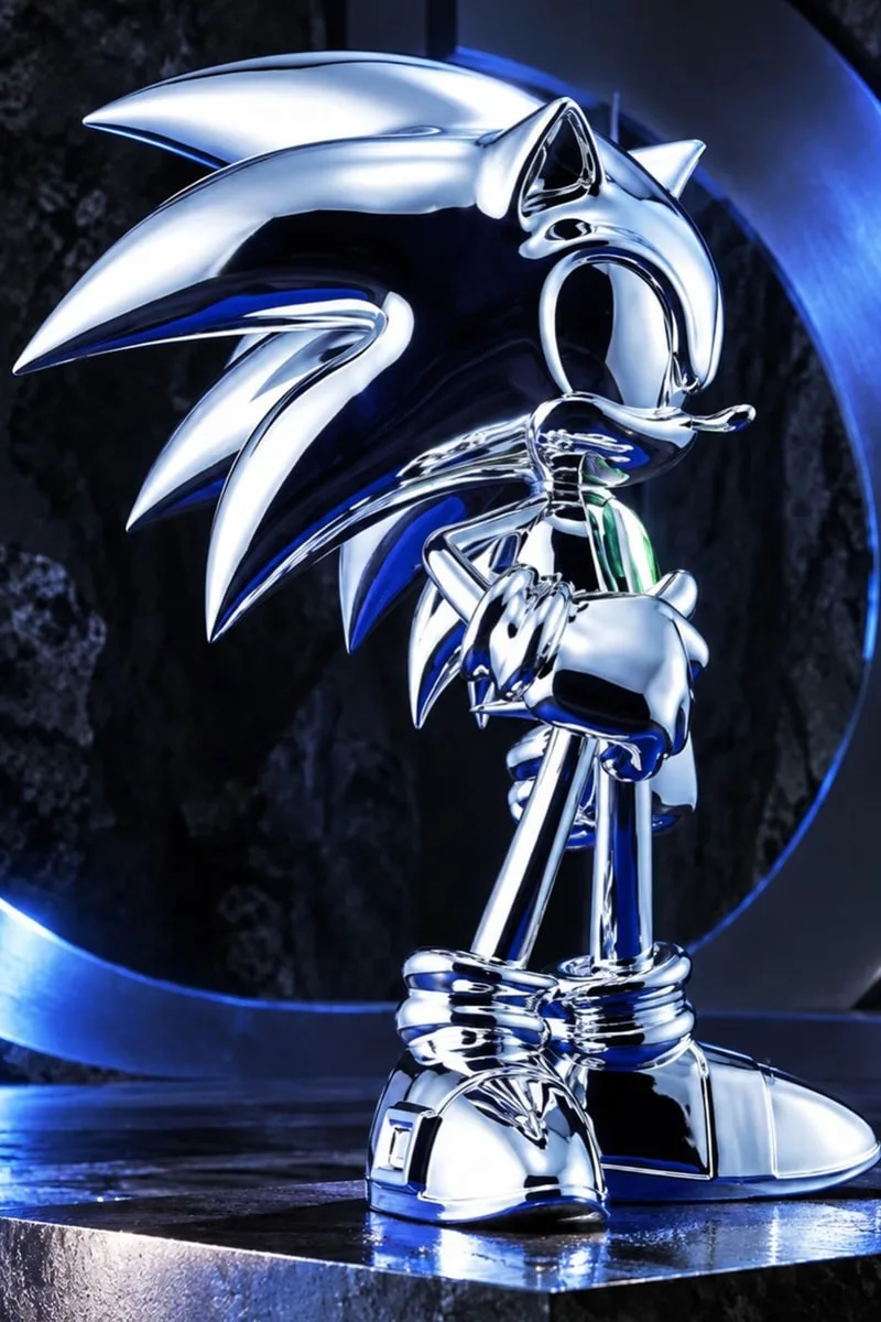 Statue métallique de personnage de jeu vidéo Sonic.