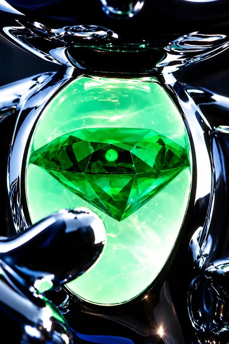 Objet métallique avec une pierre précieuse verte lumineuse au centre.