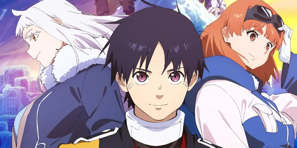 Trois personnages d'anime devant des bâtiments enneigés.