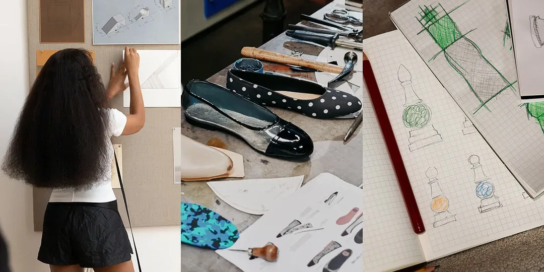 Personne travaillant sur des croquis de chaussures et modèles de design