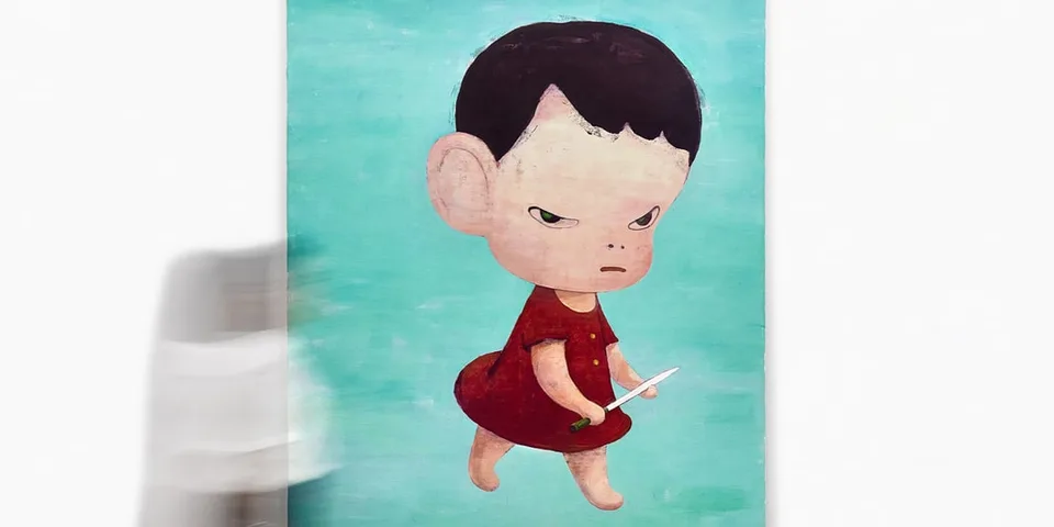 Peinture d'un enfant en colère avec un couteau, fond turquoise.