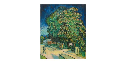 Tableau de paysage avec arbres verts et ciel bleu foncé
