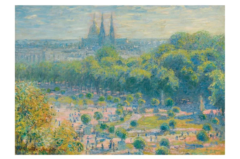 Peinture impressionniste de jardin avec bâtiments flous en arrière-plan.