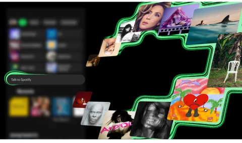 Collage dynamique de pochettes d'albums et d'une interface Spotify floue.