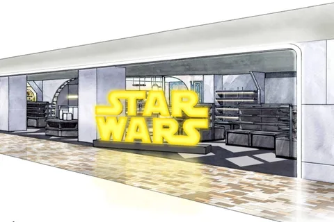 Concept d'une boutique Star Wars avec un logo lumineux jaune à l'entrée.