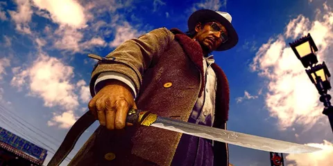 Homme en manteau tenant un couteau regardant vers le bas, ciel bleu en arrière-plan.