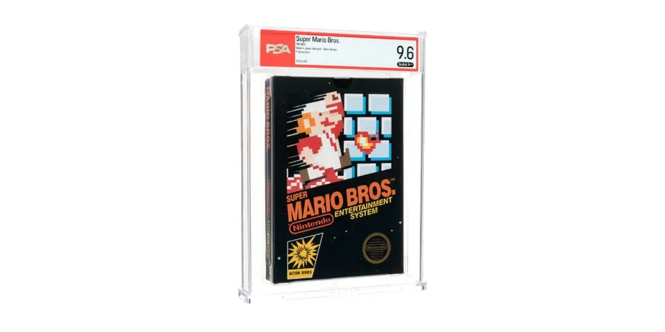 Jeu Super Mario Bros. scellé et noté 9.6 par PSA, dans un boîtier protecteur.