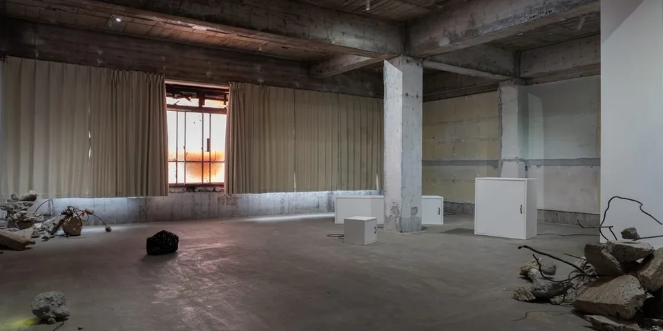 Pièce industrielle avec sculptures et fenêtres couvertes.