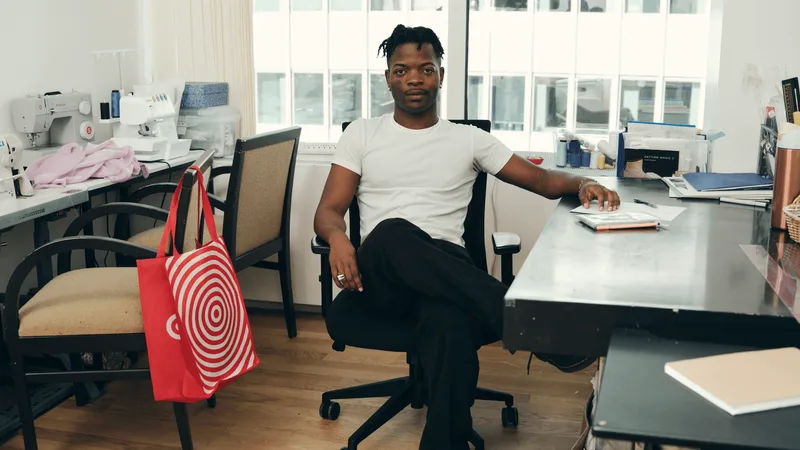 Homme assis dans un bureau avec un sac rouge et une machine à coudre.