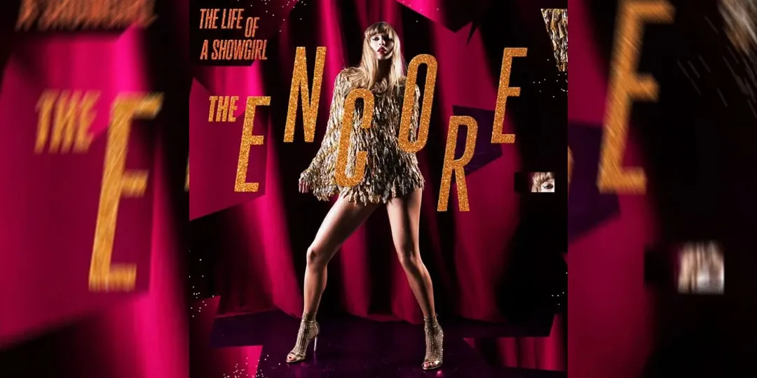 Affiche avec femme en tenue scintillante, texte 'The Encore' en arrière-plan